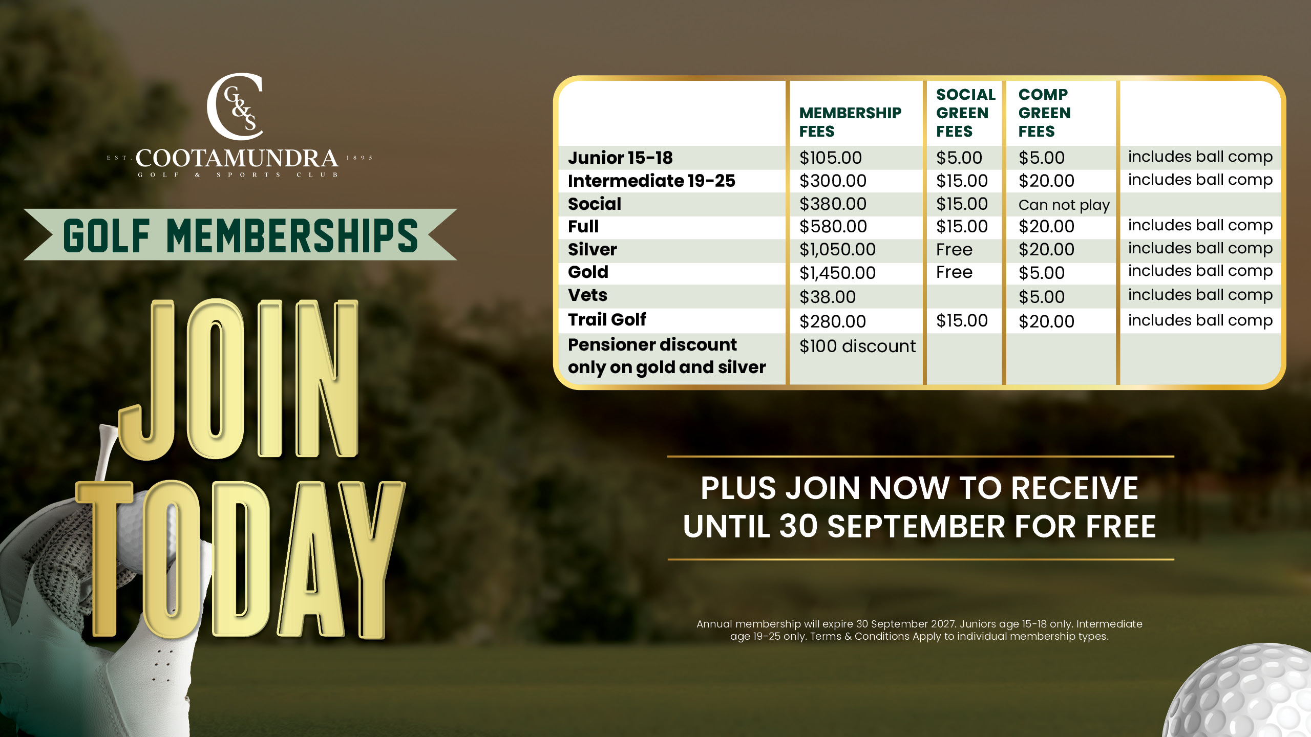 Cootamundra Golf Club membership and green fees for 2026/2027 season.